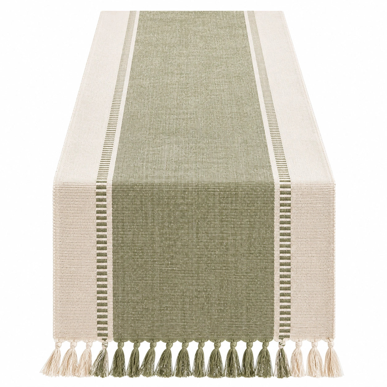 Chemin de Table Vert et Crème avec Franges