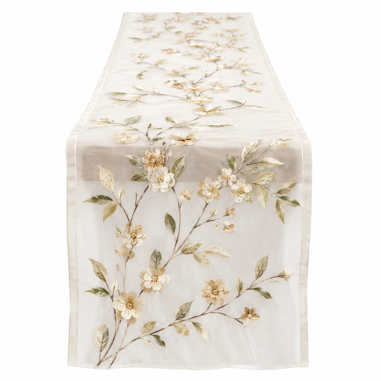 Chemin de Table Brodé à Motifs Floraux Beige et Vert