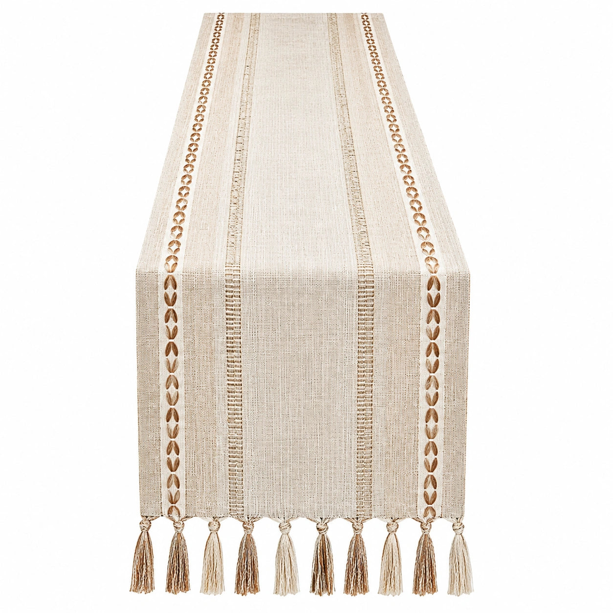 Chemin de table beige avec franges et coquillages