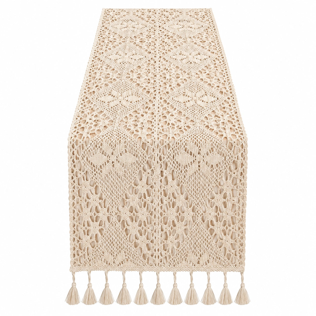 Chemin de table en macramé beige avec franges et motifs géométriques