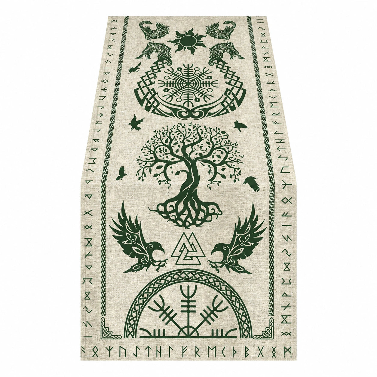 Chemin de table runes nordiques 180x45cm vert et beige