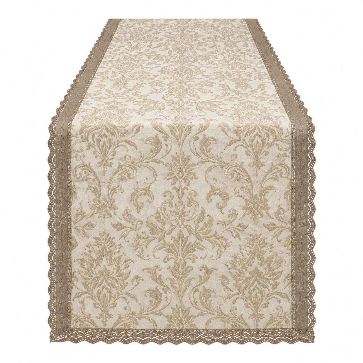 Chemin de Table Floral Beige avec Dentelle 180x33 cm